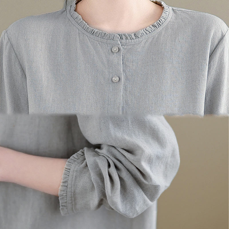 Buddha Stones Frühlings-Damenshirt mit einfarbigem Knopfdesign, Rüschen und Rundhalsausschnitt - image 15