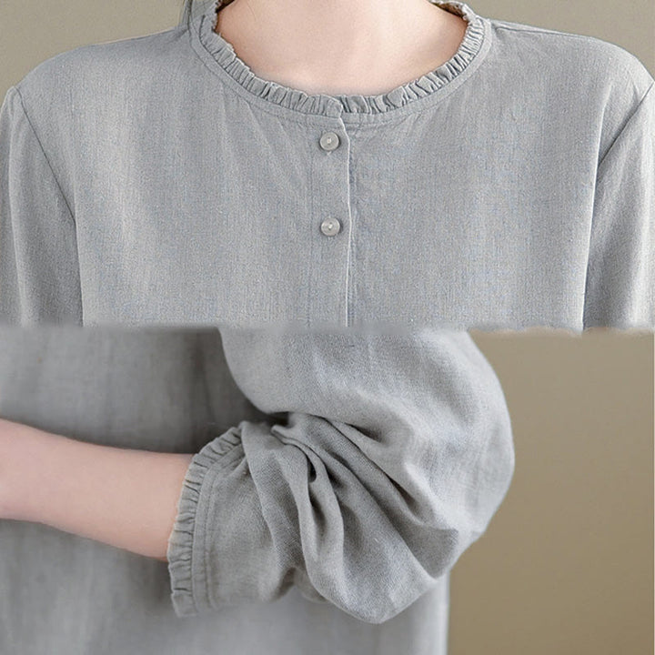 Buddha Stones Frühlings-Damenshirt mit einfarbigem Knopfdesign, Rüschen und Rundhalsausschnitt - image 15