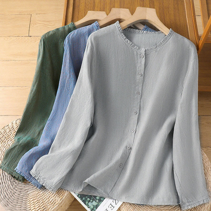 Buddha Stones Frühlings-Damenshirt mit einfarbigem Knopfdesign, Rüschen und Rundhalsausschnitt - image 19