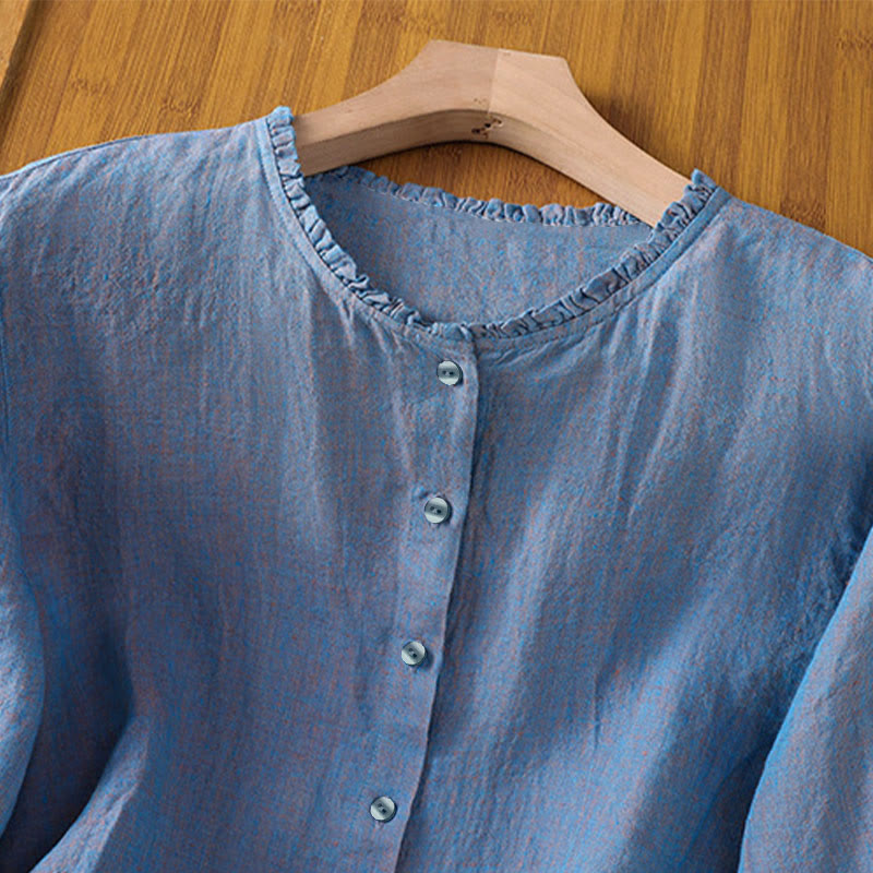 Buddha Stones Frühlings-Damenshirt mit einfarbigem Knopfdesign, Rüschen und Rundhalsausschnitt - image 17