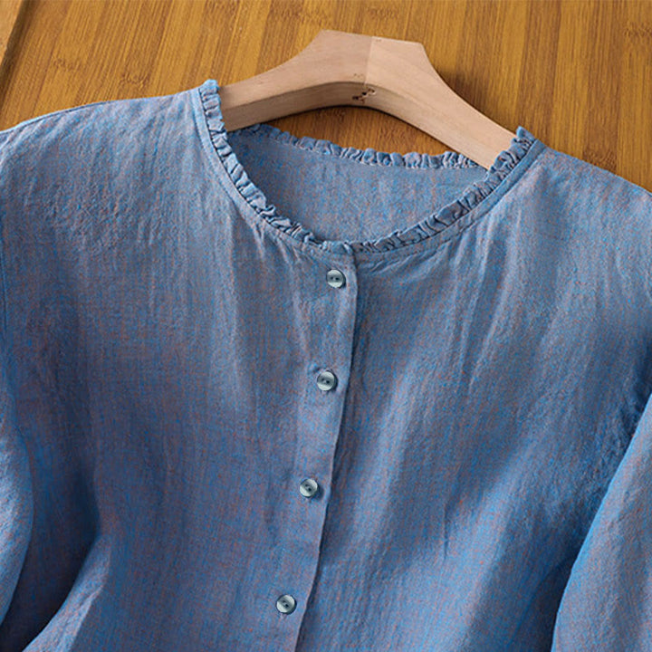 Buddha Stones Frühlings-Damenshirt mit einfarbigem Knopfdesign, Rüschen und Rundhalsausschnitt - image 17