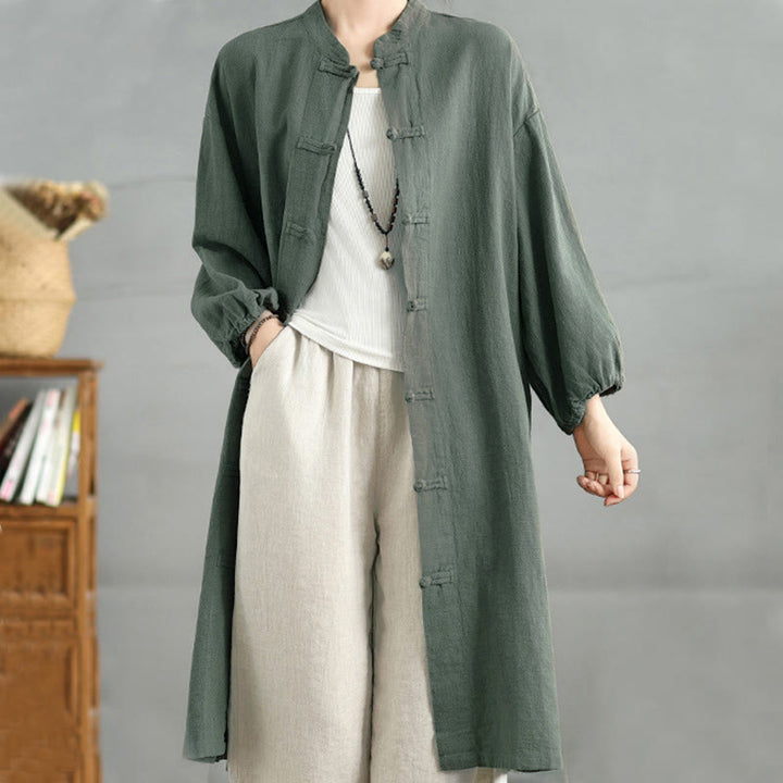 Buddha Stones Casual Damenmantel mit Froschknopfleiste und Taschen - image 10