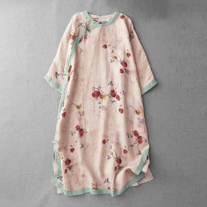 Buddha Stones, Froschknopf-Orchideen-Granatapfelblütenmuster, Seitenschlitz, halblange Ärmel, Midikleid - Pfirsichpuff - US12, UK/AU16, EU44 (2XL) - image 1