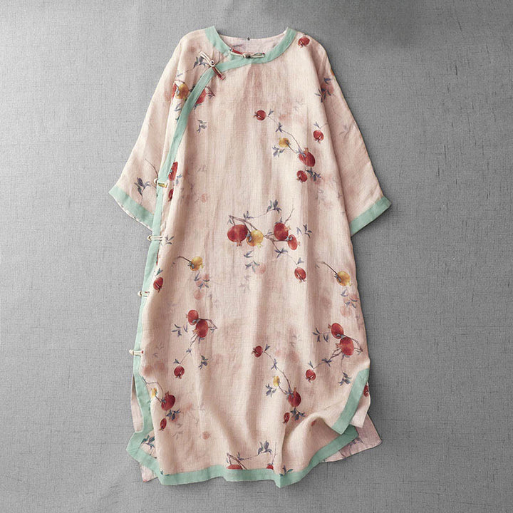 Buddha Stones, Froschknopf-Orchideen-Granatapfelblütenmuster, Seitenschlitz, halblange Ärmel, Midikleid - Pfirsichpuff - US12, UK/AU16, EU44 (2XL) - image 1