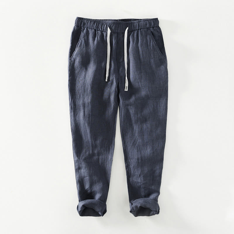 Buddha Stones Herbstfarbene, einfarbige Leinenhose für Herren mit Kordelzug und elastischem Bund, knöchellang und mit Taschen - SteelBlue - US/ UK/AU44, EU54 (4XL) - image 18