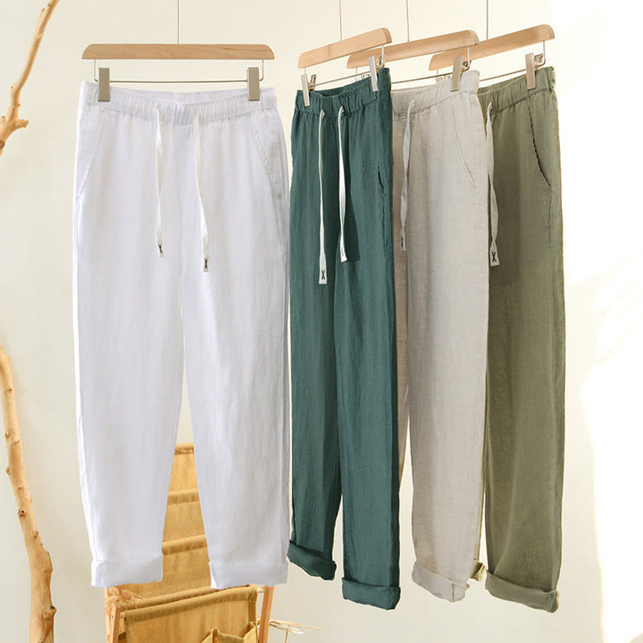 Buddha Stones Herbstfarbene, einfarbige Leinenhose für Herren mit Kordelzug und elastischem Bund, knöchellang und mit Taschen - image 33