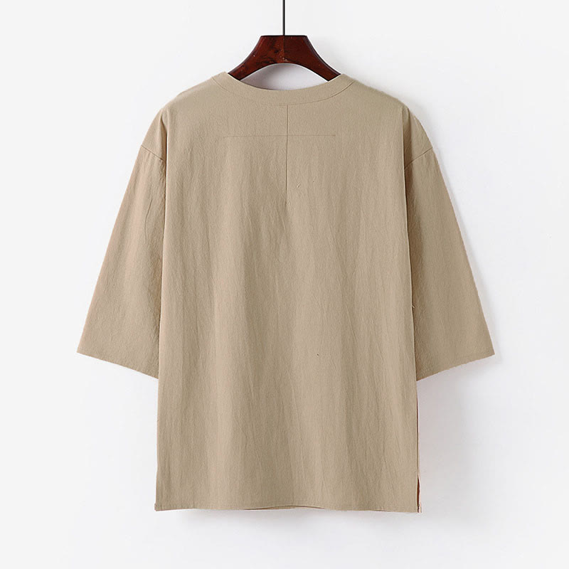Buddha Stones Sommer-Freizeit-T-Shirt für Herren mit Rundhalsausschnitt und Ellbogenlänge aus Baumwoll-Leinen-Mischgewebe - image 1