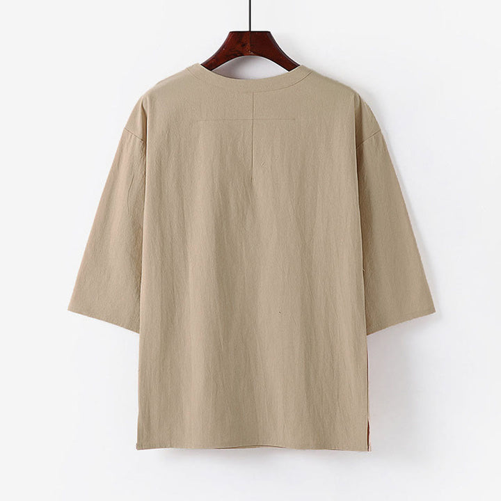Buddha Stones Sommer-Freizeit-T-Shirt für Herren mit Rundhalsausschnitt und Ellbogenlänge aus Baumwoll-Leinen-Mischgewebe - image 1