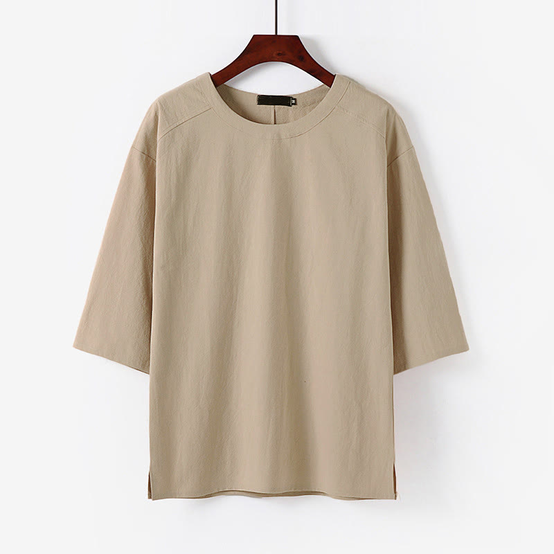 Buddha Stones Sommer-Freizeit-T-Shirt für Herren mit Rundhalsausschnitt und Ellbogenlänge aus Baumwoll-Leinen-Mischgewebe - Biskuit - US/ UK/AU54, EU64 (9XL) - image 0