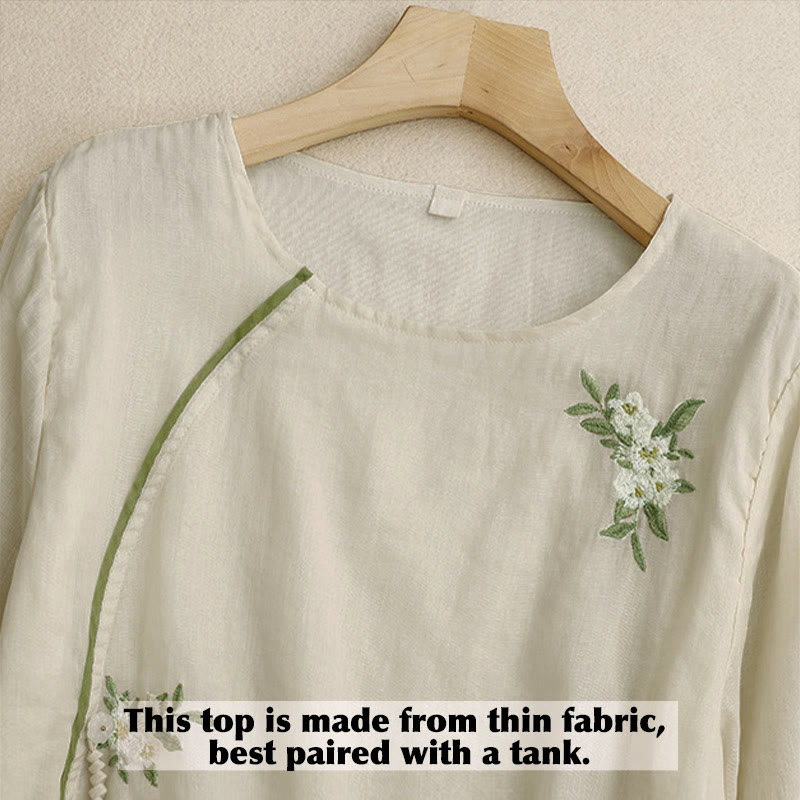 Damen-Shirt mit Buddha Stones, beigefarbenem Blumenmuster und grüner Blattstickerei, Rundhalsausschnitt und Dreiviertelärmeln - image 2