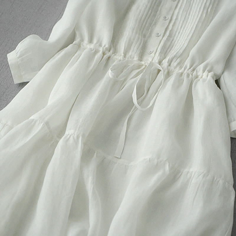 Buddha Stones Sommerliches Vintage-Kleid für Damen aus Baumwolle mit kurzen Ärmeln, Kordelzug, Knopfleiste, Abnähern, kurzem Ärmeln und Tasche. - image 8