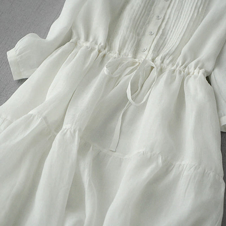 Buddha Stones Sommerliches Vintage-Kleid für Damen aus Baumwolle mit kurzen Ärmeln, Kordelzug, Knopfleiste, Abnähern, kurzem Ärmeln und Tasche. - image 8