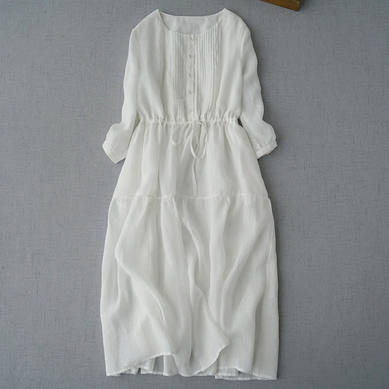 Buddha Stones Sommerliches Vintage-Kleid für Damen aus Baumwolle mit kurzen Ärmeln, Kordelzug, Knopfleiste, Abnähern, kurzem Ärmeln und Tasche. - Weiß - US12, UK/AU16, EU44 (2XL) - image 6