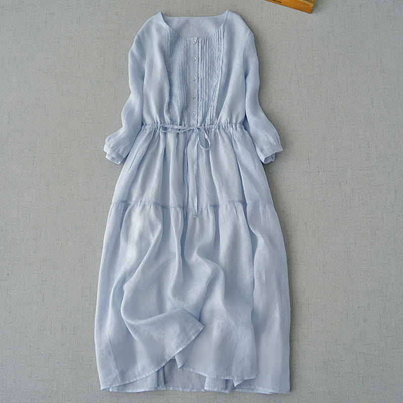 Buddha Stones Sommerliches Vintage-Kleid für Damen aus Baumwolle mit kurzen Ärmeln, Kordelzug, Knopfleiste, Abnähern, kurzem Ärmeln und Tasche. - Hellblau - US12, UK/AU16, EU44 (2XL) - image 0