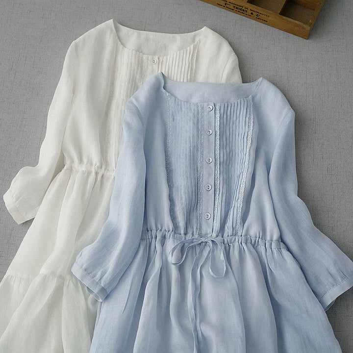 Buddha Stones Sommerliches Vintage-Kleid für Damen aus Baumwolle mit kurzen Ärmeln, Kordelzug, Knopfleiste, Abnähern, kurzem Ärmeln und Tasche. - image 10