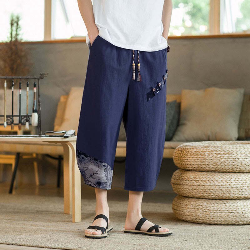 Buddha Stones Lässige Vintage-Caprihose mit Kordelzug und Blumenmuster, Herren-Haremshose mit Tasche - Mitternachtsblau - US/UK/AU46, EU56 (5XL) - image 6