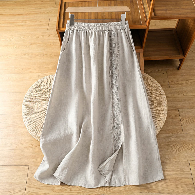 Buddha Stones Sommerlicher, lässiger Vintage-Rock mit Seitenschlitz, einfarbigem Blumenmuster und Tasche für Damen - Beige - US8-10, UK/AU12-14, EU40-42 (2XL) - image 0