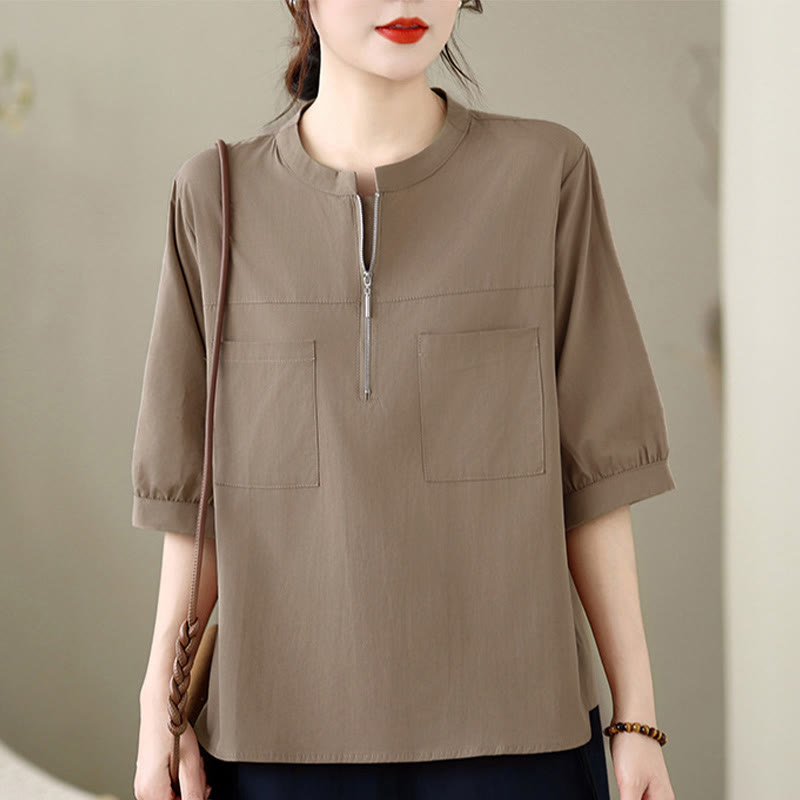 Buddha Stones Minimalistisches, lässiges Kurzarmhemd für Damen mit Viertelreißverschluss und aufgesetzter Tasche – perfekt für den Sommer. - Bräunen - US12, UK/AU16, EU44 (2XL) - image 0