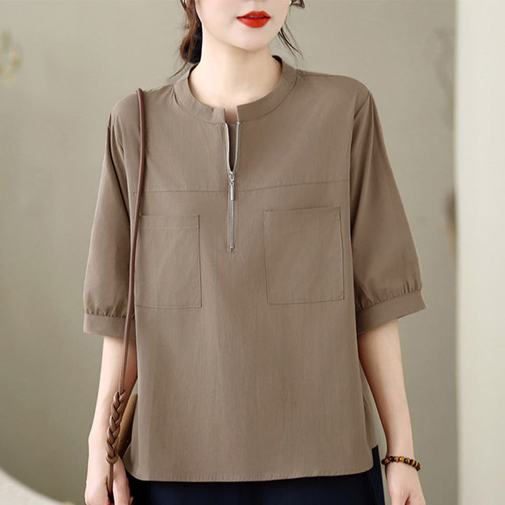 Buddha Stones Minimalistisches, lässiges Kurzarmhemd für Damen mit Viertelreißverschluss und aufgesetzter Tasche – perfekt für den Sommer. - Bräunen - US12, UK/AU16, EU44 (2XL) - image 0