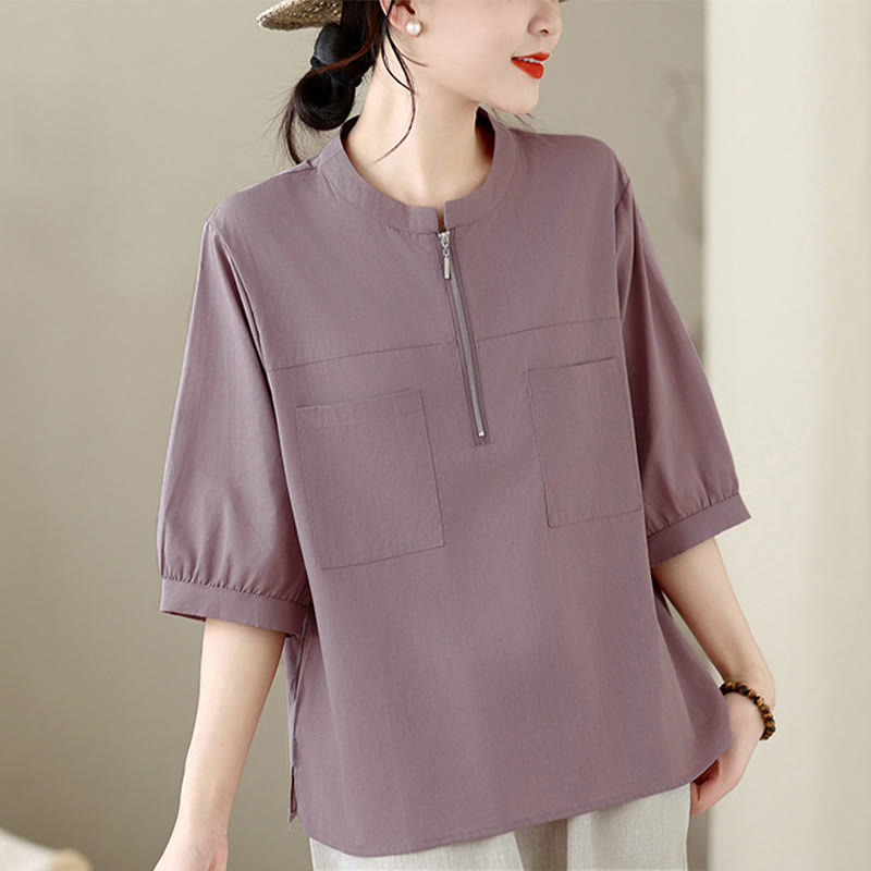 Buddha Stones Minimalistisches, lässiges Kurzarmhemd für Damen mit Viertelreißverschluss und aufgesetzter Tasche – perfekt für den Sommer. - Distel - US12, UK/AU16, EU44 (2XL) - image 11