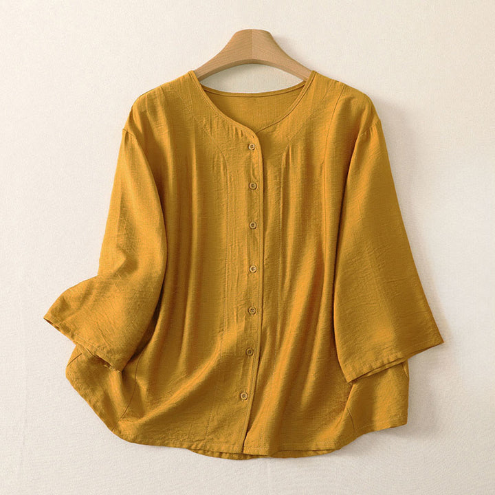 Buddha Stones Lässiges, minimalistisches, einfarbiges Langarmhemd für Damen mit Knopfleiste – Sommerlich - Goldrute - US12, UK/AU16, EU44 (3XL) - image 0