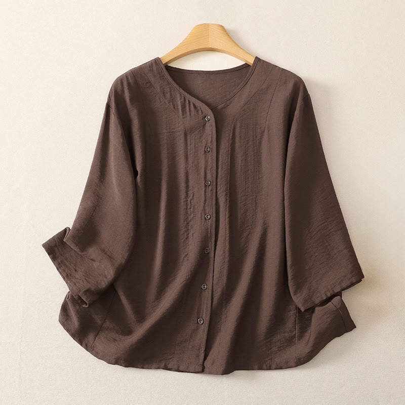 Buddha Stones Lässiges, minimalistisches, einfarbiges Langarmhemd für Damen mit Knopfleiste – Sommerlich - Sattelbraun - US12, UK/AU16, EU44 (3XL) - image 17