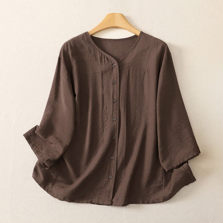Buddha Stones Lässiges, minimalistisches, einfarbiges Langarmhemd für Damen mit Knopfleiste – Sommerlich - Sattelbraun - US12, UK/AU16, EU44 (3XL) - image 17