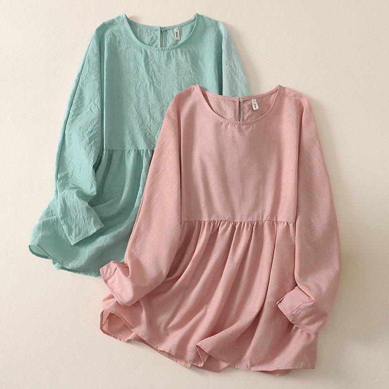 Buddha Stones Sommerliche, lässige, minimalistische, einfarbige Damen-Langarmshirts mit Rundhalsausschnitt - image 8