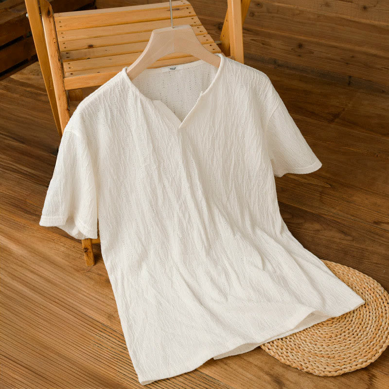 Buddha Stones Lässiges, minimalistisches Kurzarm-T-Shirt für Herren mit V-Ausschnitt aus Sommer. - image 12