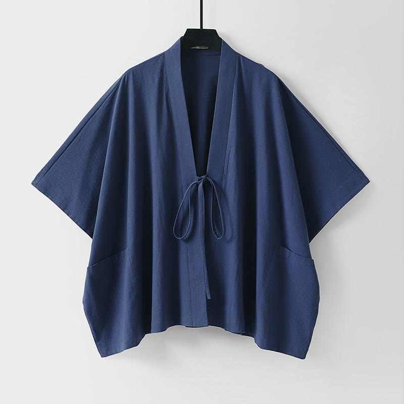 Buddha Stones Minimalistischer, einfarbiger Herrenkimono mit kurzen Ärmeln, Kordelzug, Schnürung und Taschen für den Sommer - Dunkelschieferblau - US/UK/AU40, EU50 (L) - image 4