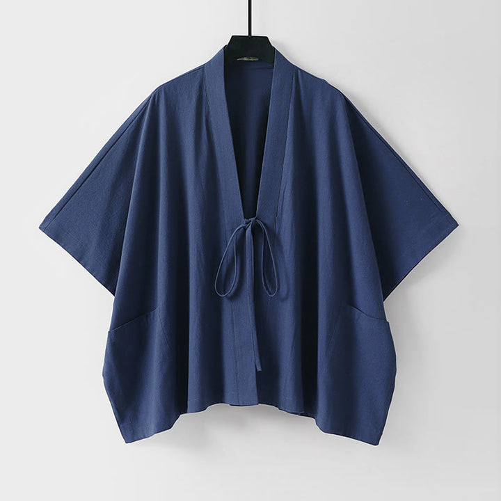 Buddha Stones Minimalistischer, einfarbiger Herrenkimono mit kurzen Ärmeln, Kordelzug, Schnürung und Taschen für den Sommer - Dunkelschieferblau - US/UK/AU40, EU50 (L) - image 4