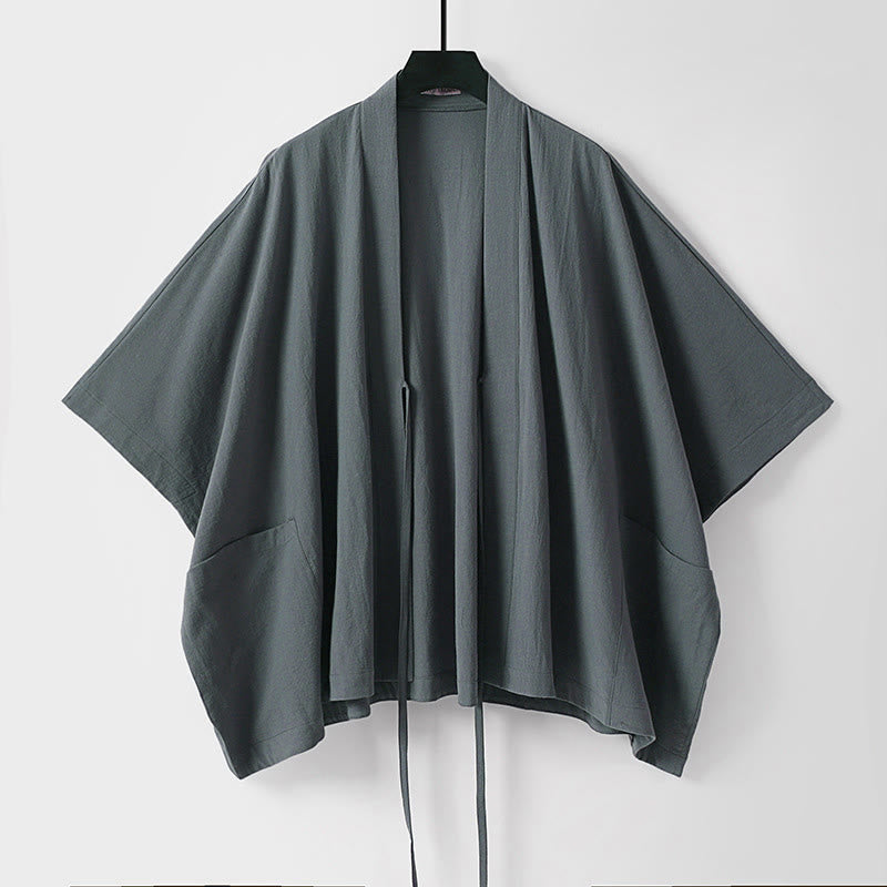 Buddha Stones Minimalistischer, einfarbiger Herrenkimono mit kurzen Ärmeln, Kordelzug, Schnürung und Taschen für den Sommer - image 1
