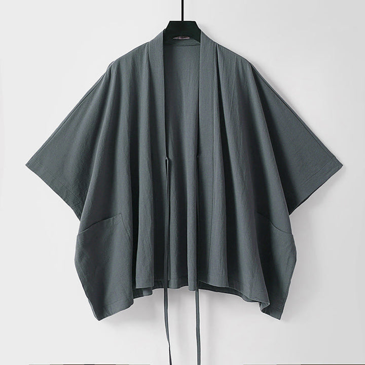 Buddha Stones Minimalistischer, einfarbiger Herrenkimono mit kurzen Ärmeln, Kordelzug, Schnürung und Taschen für den Sommer - image 1