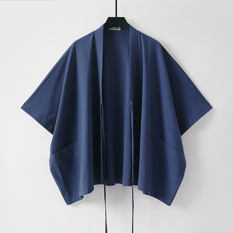 Buddha Stones Minimalistischer, einfarbiger Herrenkimono mit kurzen Ärmeln, Kordelzug, Schnürung und Taschen für den Sommer - image 6