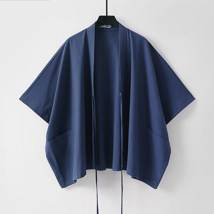 Buddha Stones Minimalistischer, einfarbiger Herrenkimono mit kurzen Ärmeln, Kordelzug, Schnürung und Taschen für den Sommer - image 6