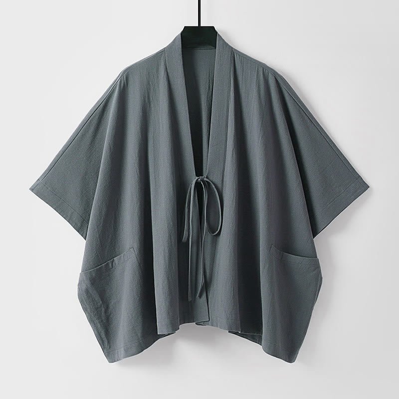 Buddha Stones Minimalistischer, einfarbiger Herrenkimono mit kurzen Ärmeln, Kordelzug, Schnürung und Taschen für den Sommer - DimGray - US/UK/AU40, EU50 (L) - image 0