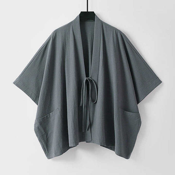 Buddha Stones Minimalistischer, einfarbiger Herrenkimono mit kurzen Ärmeln, Kordelzug, Schnürung und Taschen für den Sommer - DimGray - US/UK/AU40, EU50 (L) - image 0
