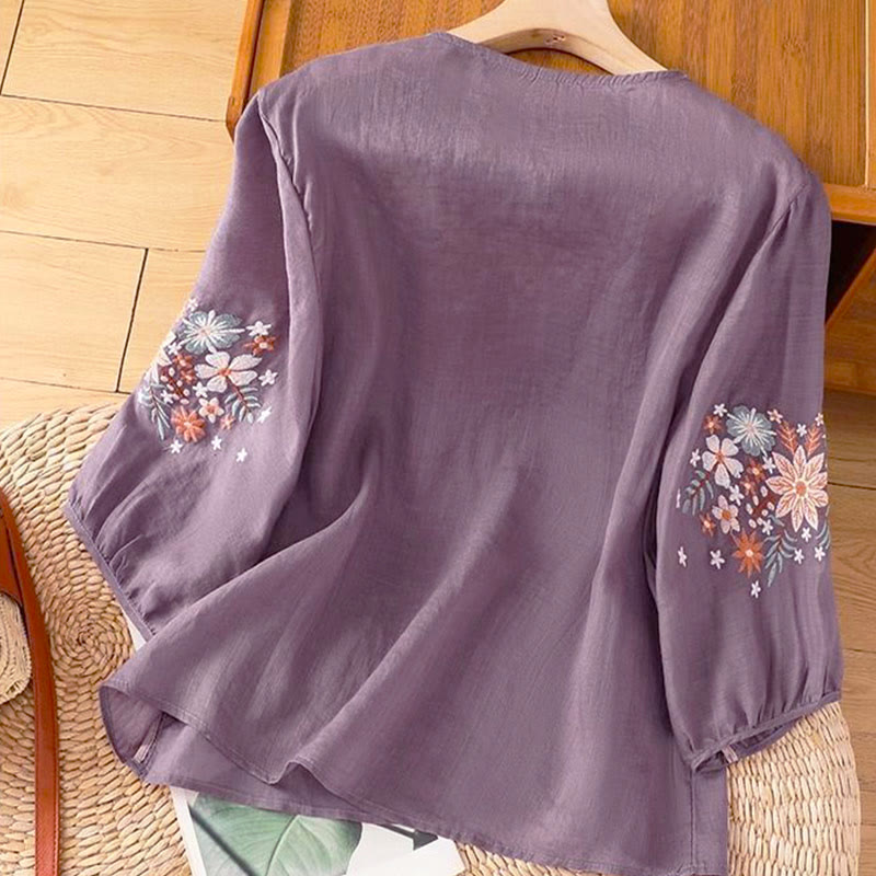 Buddha Stones, lässiges Damen-T-Shirt mit Blumen- und Blattstickerei, Rundhalsausschnitt und Dreiviertelärmeln - image 1