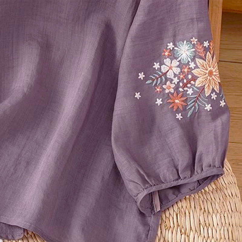 Buddha Stones, lässiges Damen-T-Shirt mit Blumen- und Blattstickerei, Rundhalsausschnitt und Dreiviertelärmeln - image 4