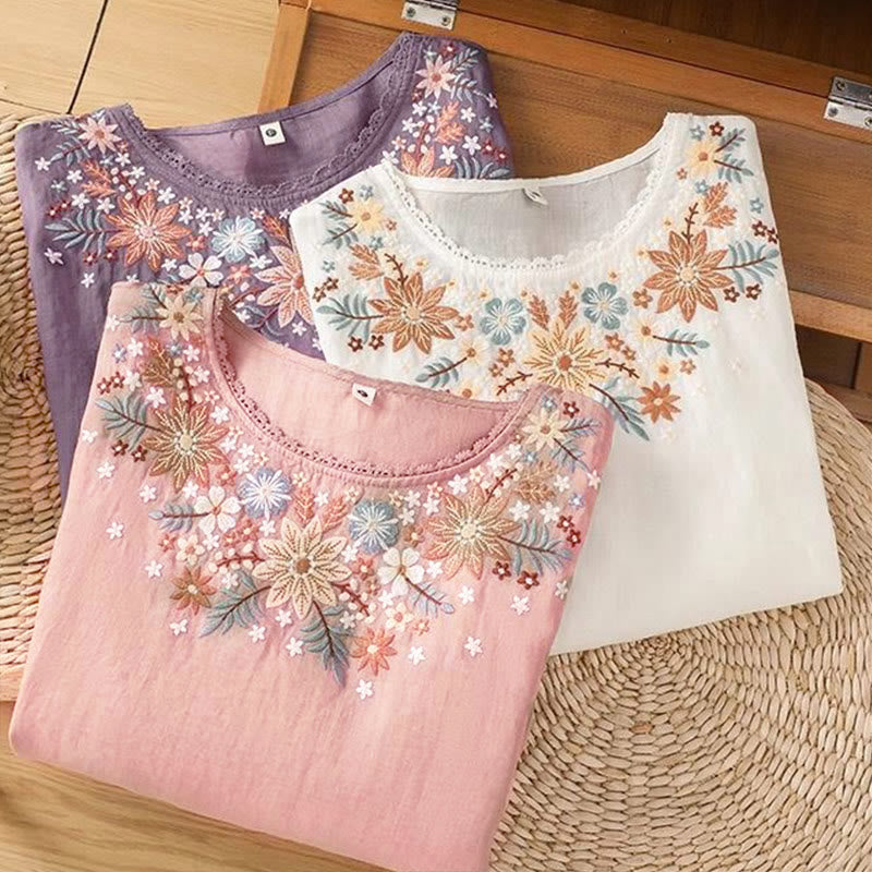 Buddha Stones, lässiges Damen-T-Shirt mit Blumen- und Blattstickerei, Rundhalsausschnitt und Dreiviertelärmeln - image 17