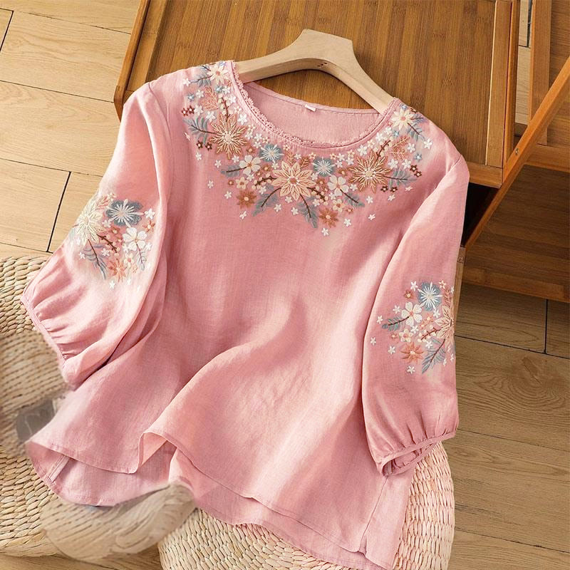 Buddha Stones , lässiges Damen-T-Shirt mit Blumen- und Blattstickerei, Rundhalsausschnitt und Dreiviertelärmeln - Hellrosa - US12, UK/AU16, EU44 (3XL) - image 11