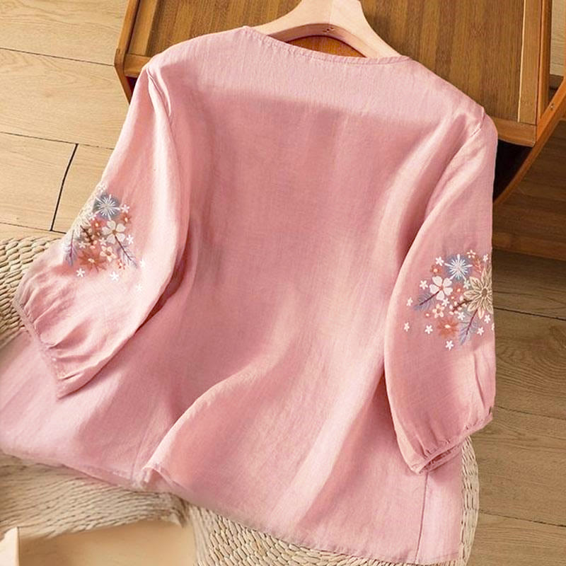 Buddha Stones , lässiges Damen-T-Shirt mit Blumen- und Blattstickerei, Rundhalsausschnitt und Dreiviertelärmeln - image 12