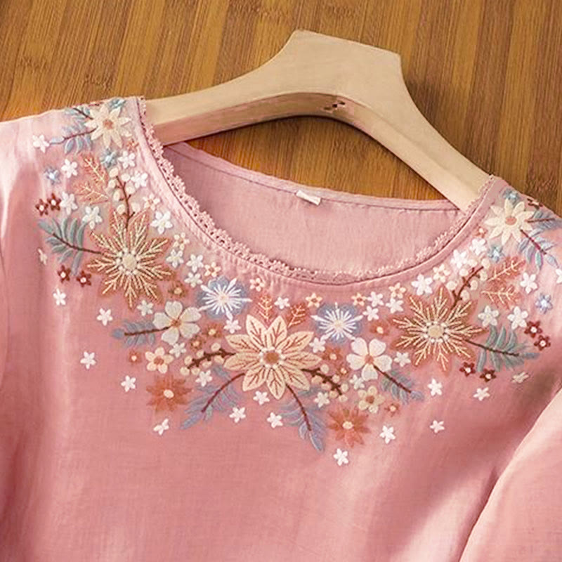 Buddha Stones , lässiges Damen-T-Shirt mit Blumen- und Blattstickerei, Rundhalsausschnitt und Dreiviertelärmeln - image 13