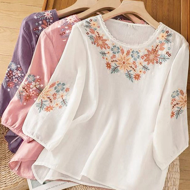 Buddha Stones, lässiges Damen-T-Shirt mit Blumen- und Blattstickerei, Rundhalsausschnitt und Dreiviertelärmeln - image 18