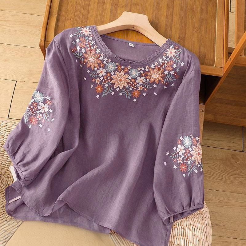 Buddha Stones , lässiges Damen-T-Shirt mit Blumen- und Blattstickerei, Rundhalsausschnitt und Dreiviertelärmeln - Mittelviolett - US12, UK/AU16, EU44 (3XL) - image 0