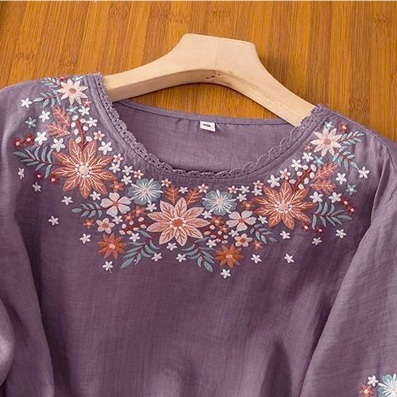 Buddha Stones , lässiges Damen-T-Shirt mit Blumen- und Blattstickerei, Rundhalsausschnitt und Dreiviertelärmeln - image 2