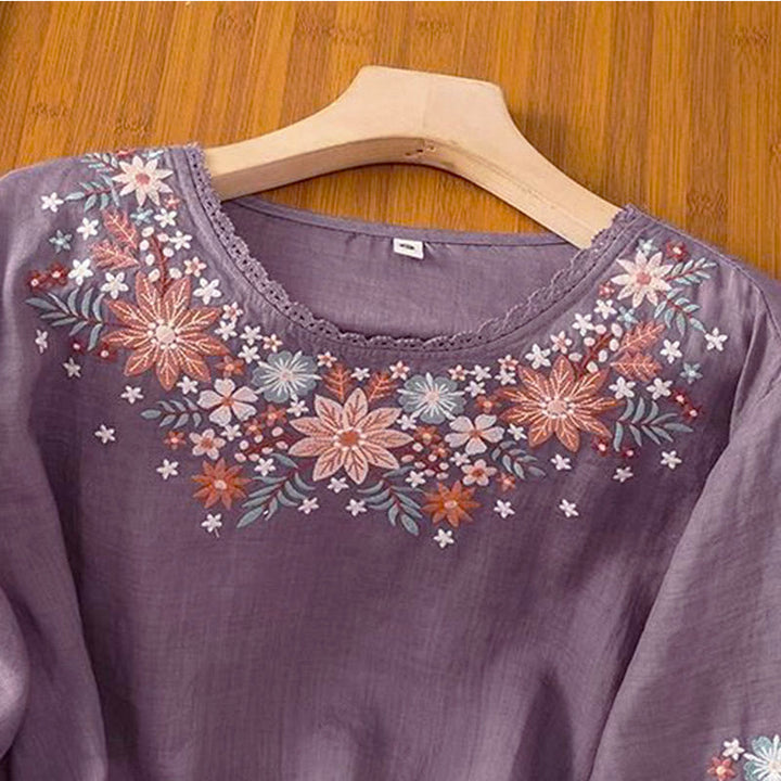 Buddha Stones, lässiges Damen-T-Shirt mit Blumen- und Blattstickerei, Rundhalsausschnitt und Dreiviertelärmeln - image 2