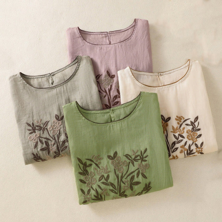 Buddha Stones ​​Retro-Stickerei Blumen Dreiviertelärmel Damen Baumwoll-T-Shirt - image 32