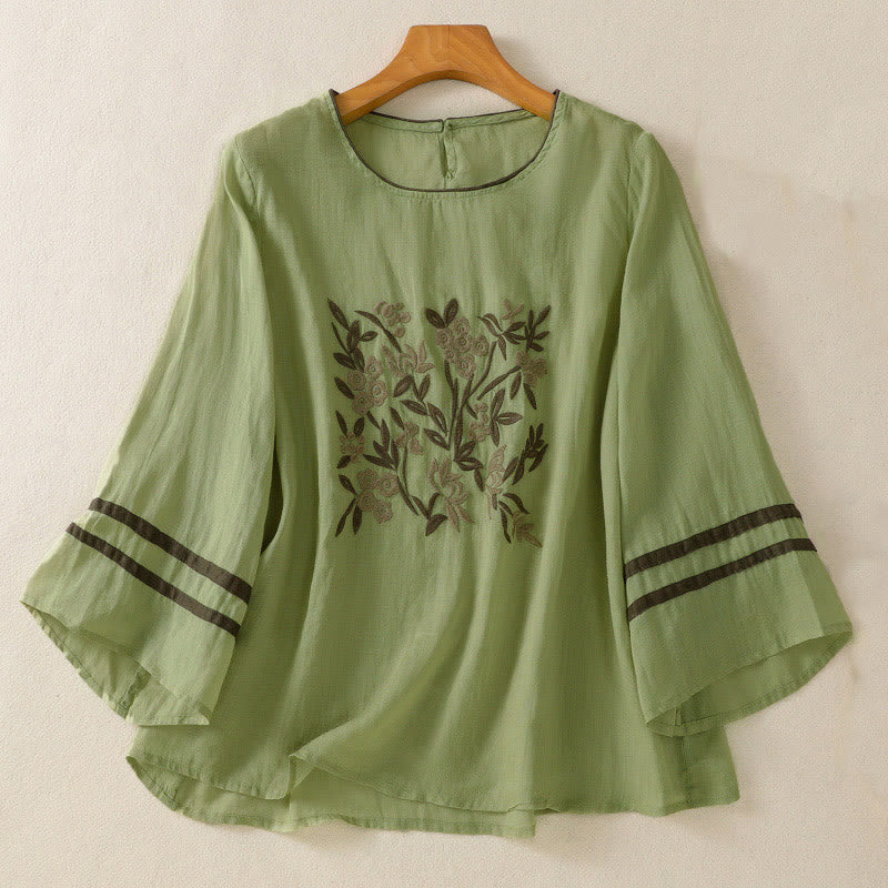 Buddha Stones ​​Retro-Stickerei Blumen Dreiviertelärmel Damen Baumwoll-T-Shirt - Hellgrün - US14, UK/AU18, EU46 (2XL) - image 16