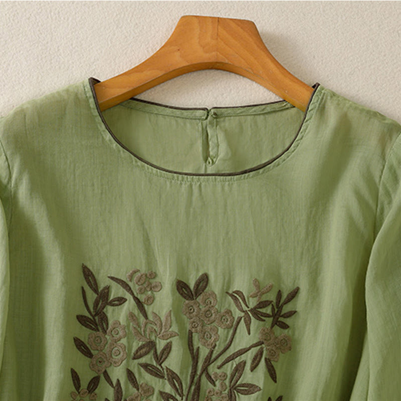 Buddha Stones ​​Retro-Stickerei Blumen Dreiviertelärmel Damen Baumwoll-T-Shirt - image 18
